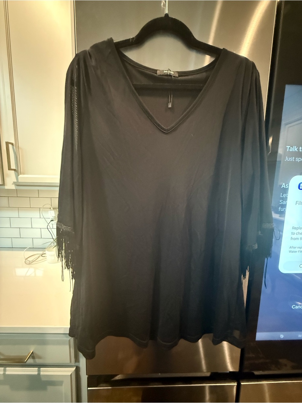 Aritzia Black V-Neck Fringe Sleeve Tunic